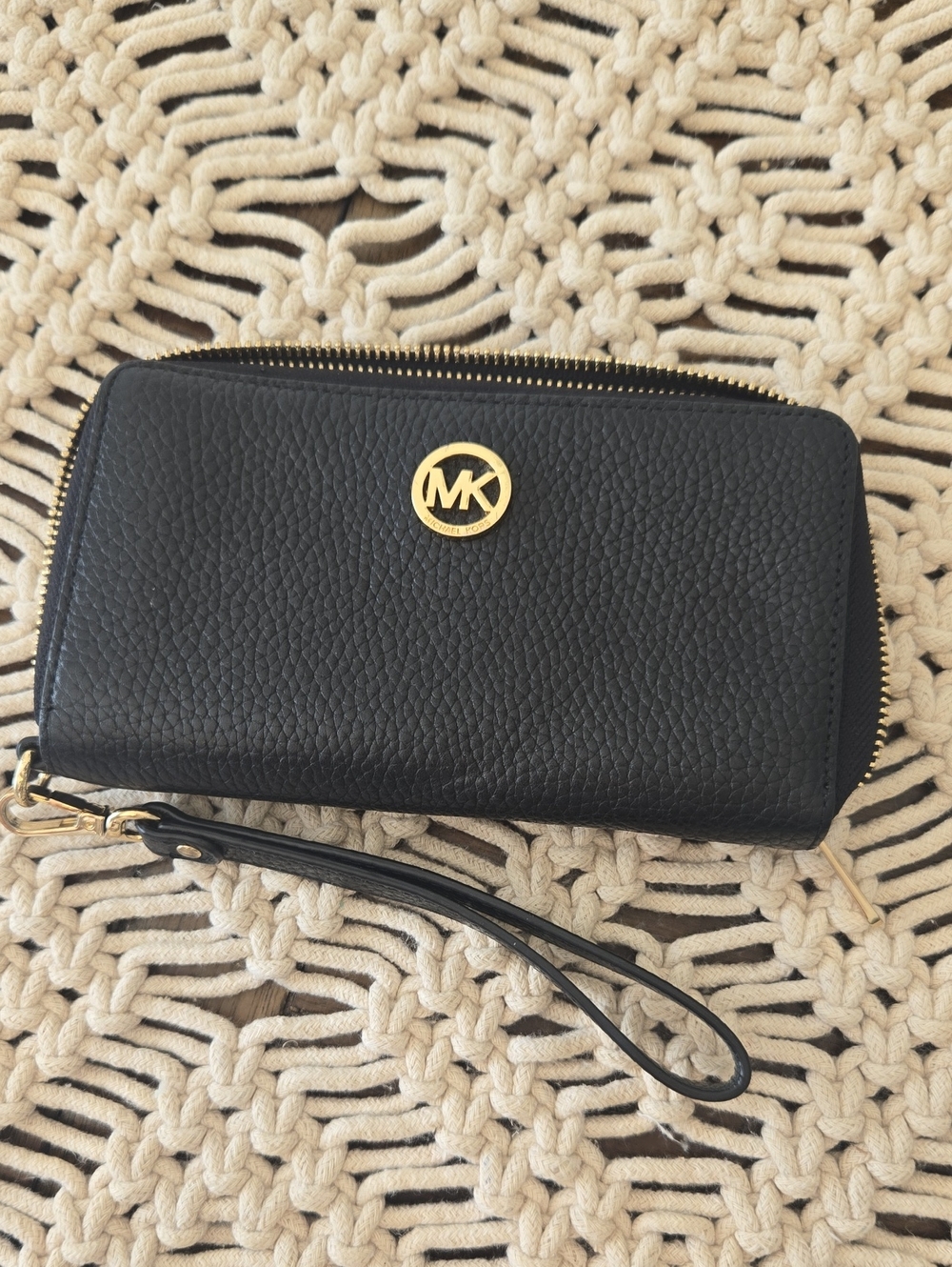 Michael Kors Black Pebbled Leather Zip Wallet Wristlet with Gold MK Logo